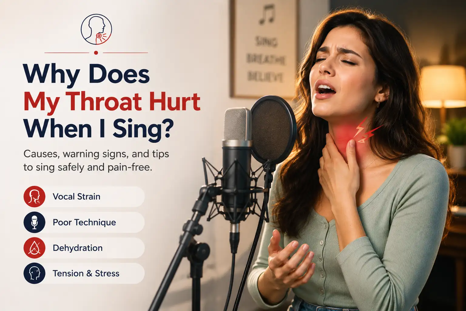 Singer experiencing throat pain while singing into a microphone