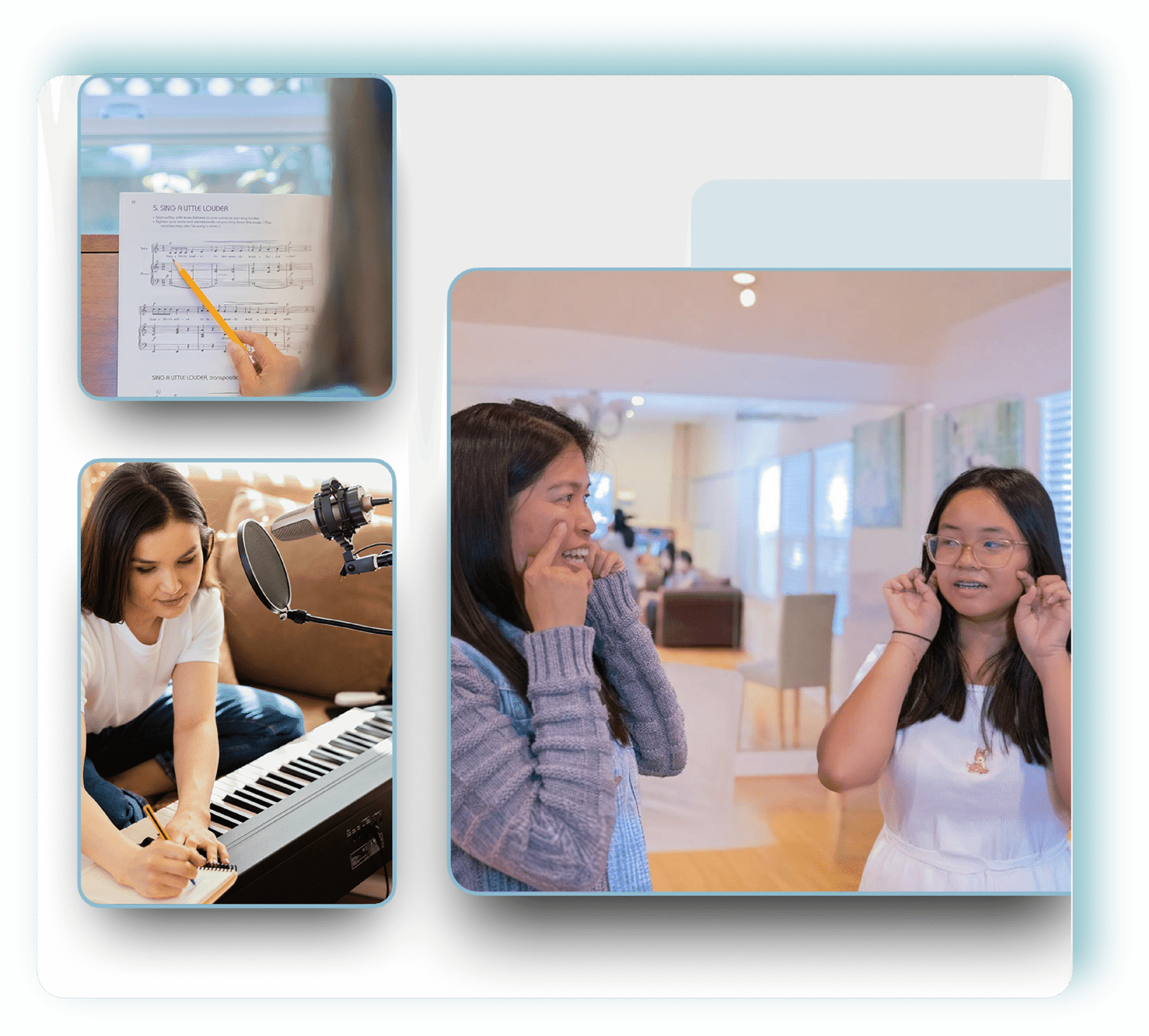 Collage of Joann C Chang teaching piano and singing, showcasing her playing and performing in various moments.