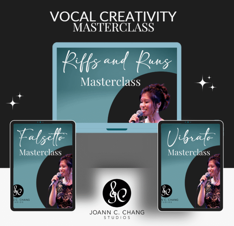 Promotional image for Vocal Creativity Masterclass, highlighting lessons on riffs, runs, falsetto.
