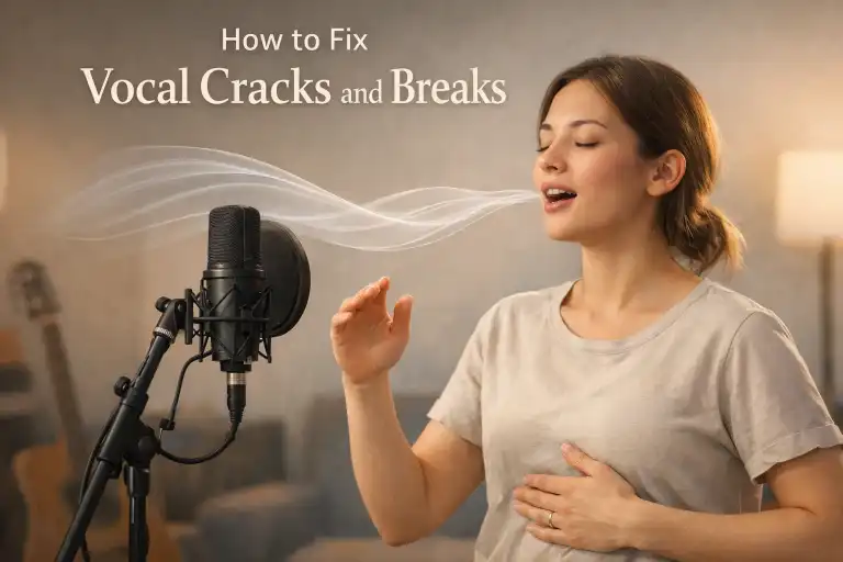 Woman practicing singing in a studio with microphone and hand raised for vocal control