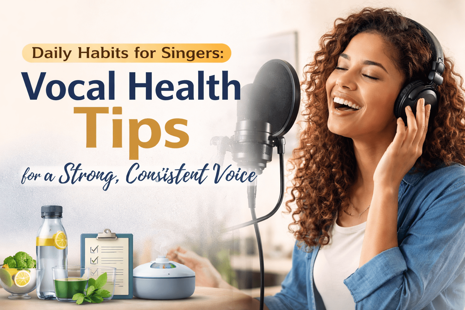 female singer wearing headphones and singing into a studio