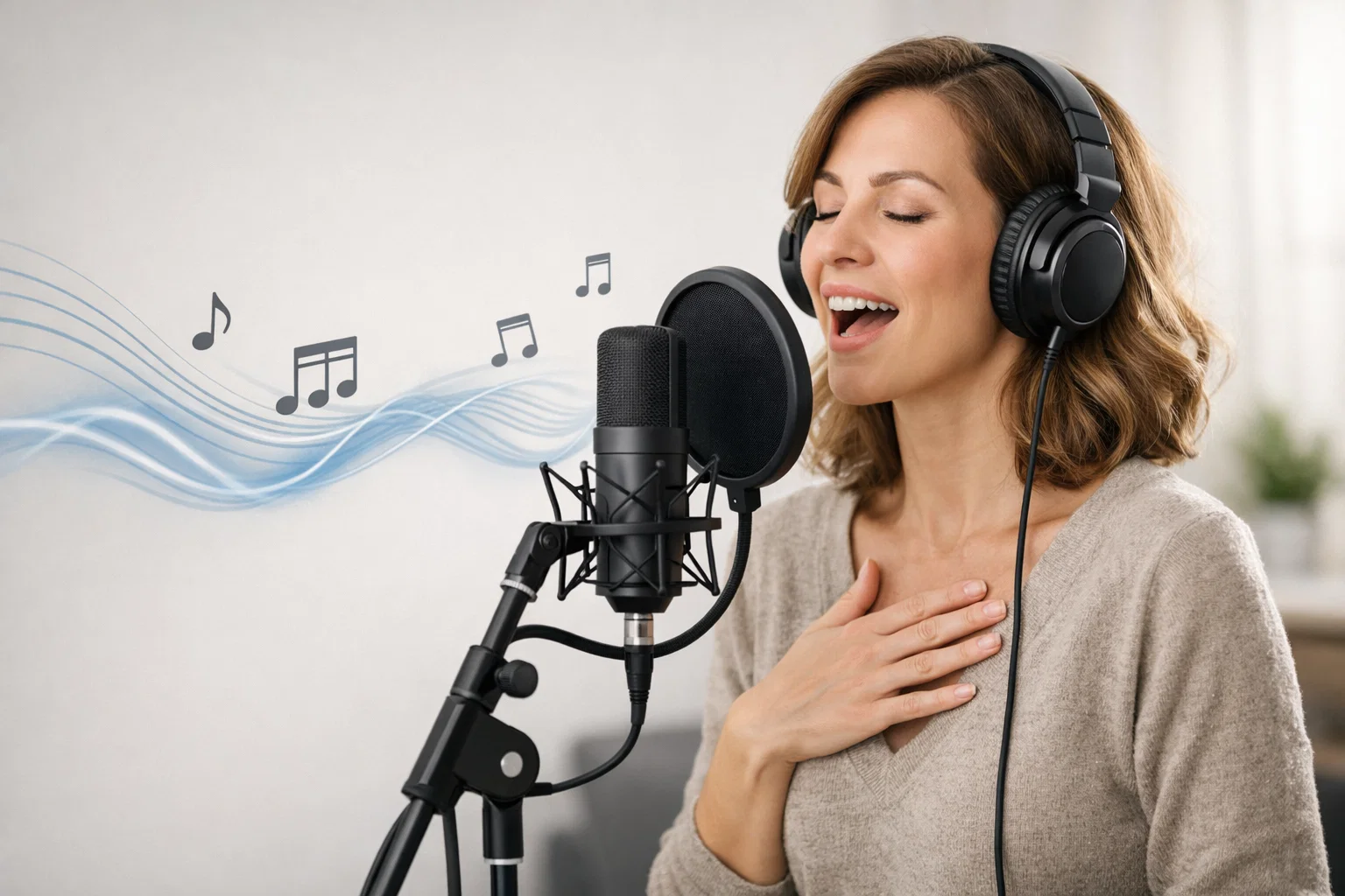 Female singer with headphones singing into a studio microphone