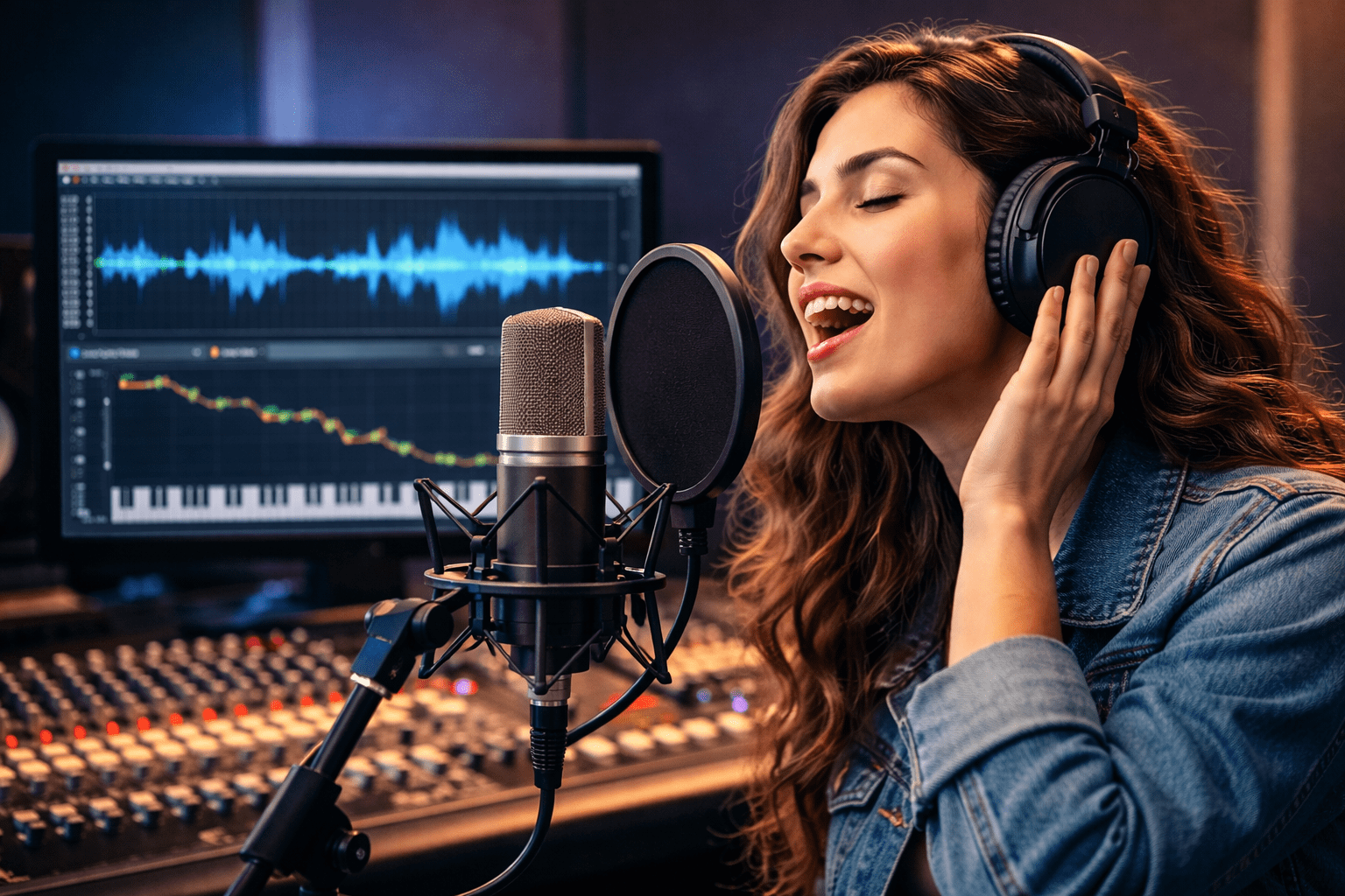 Girl Singing in the studio spotlight, pitch down vocals