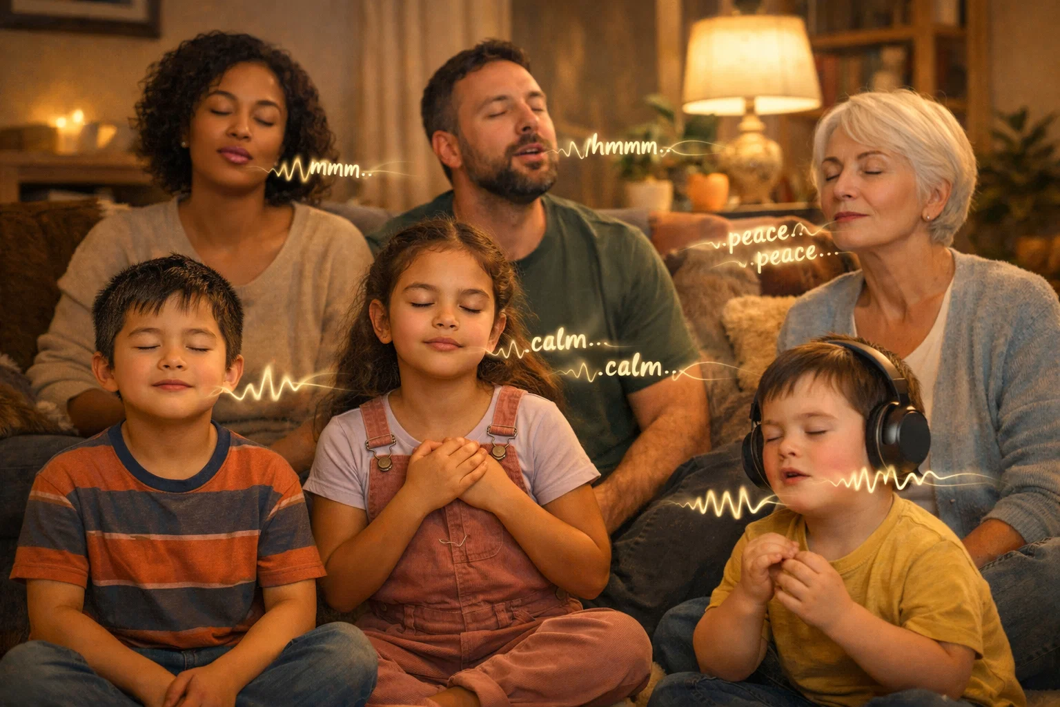 Family practicing vocal exercises together, smiling and relaxed indoors.