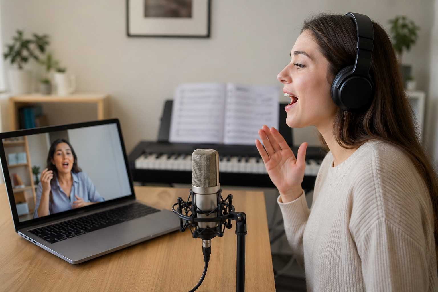a girl taking online vocal lessons