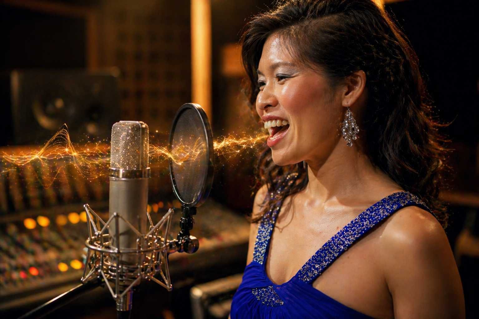 Professional singer recording vocals with clear diction in studio