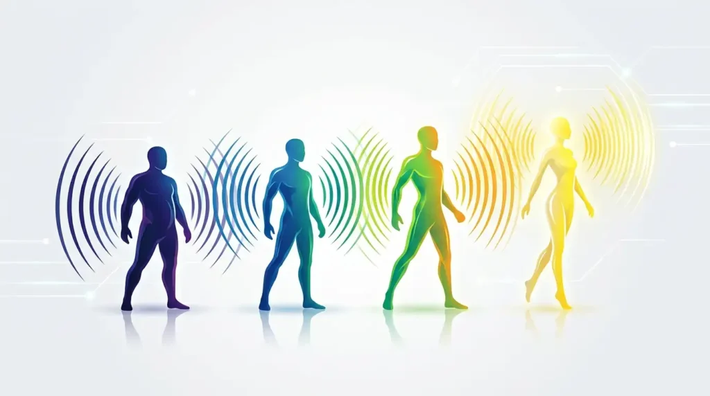 Four Human Silhouettes with Colorful Sound Waves