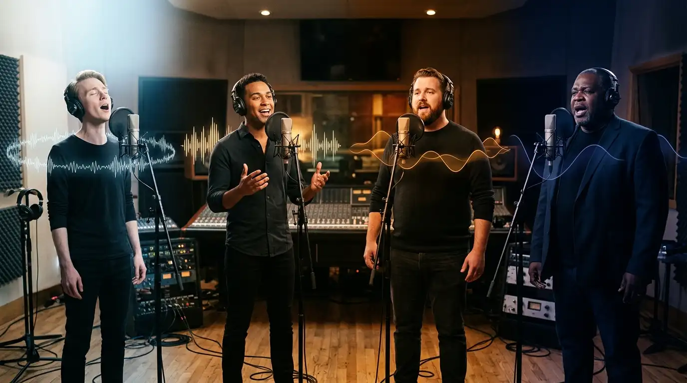 Four male singers performing together in a recording studio