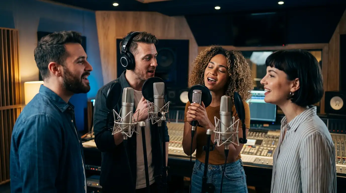 Singers recording vocal harmonies together in a modern music studio