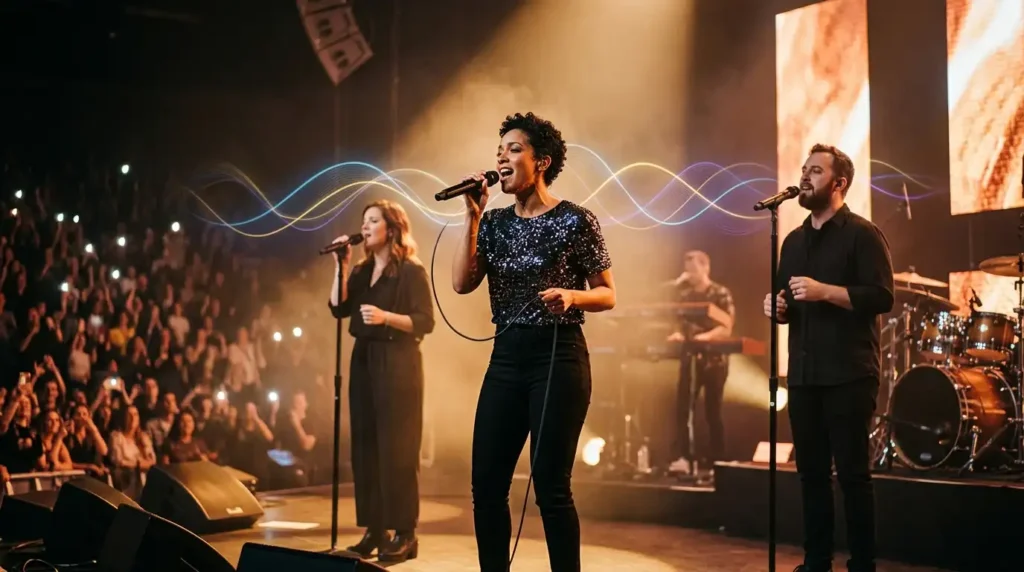 Lead singer performing on stage with backing vocalists