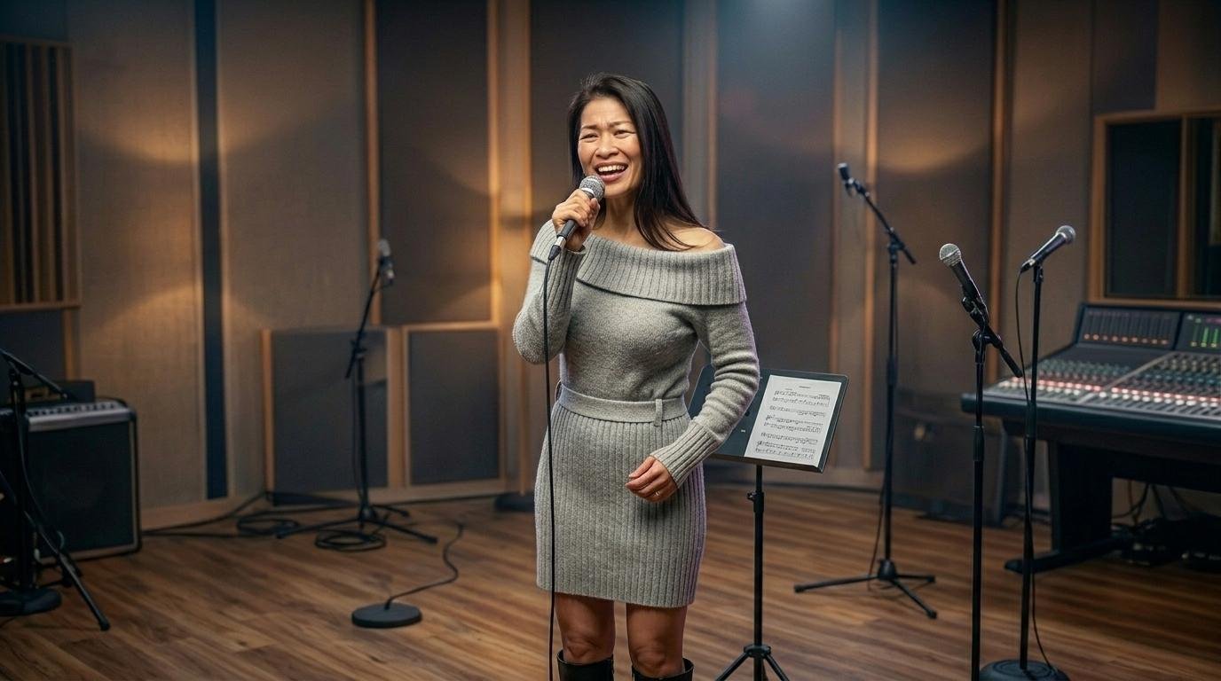 A woman performing polyrhythm vocals in a music studio.