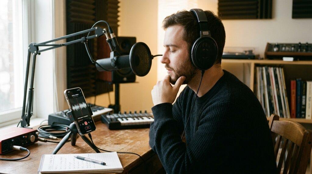 Man with headphones testing his vocal range in home studio