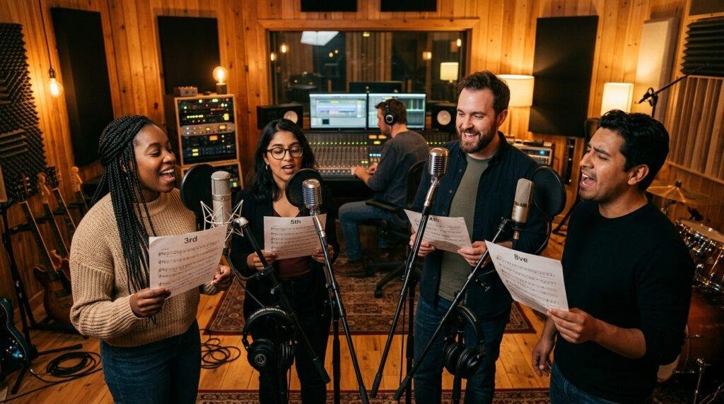 Vocal Harmony Practice Session in Modern Recording Studio