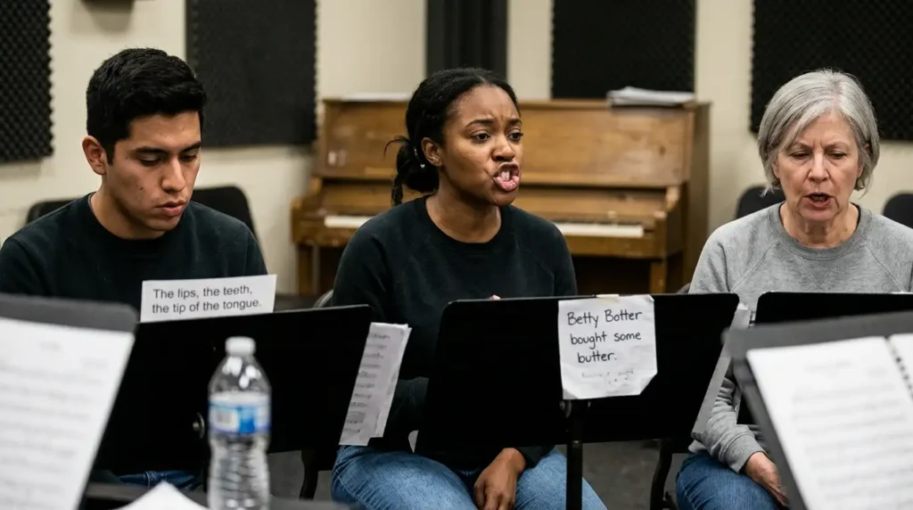 Three people practicing diction exercises