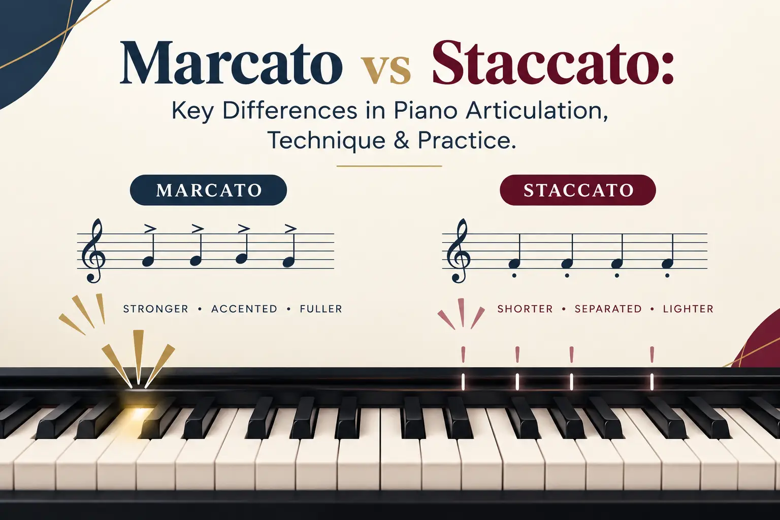 Piano keys showing marcato and staccato articulation differences