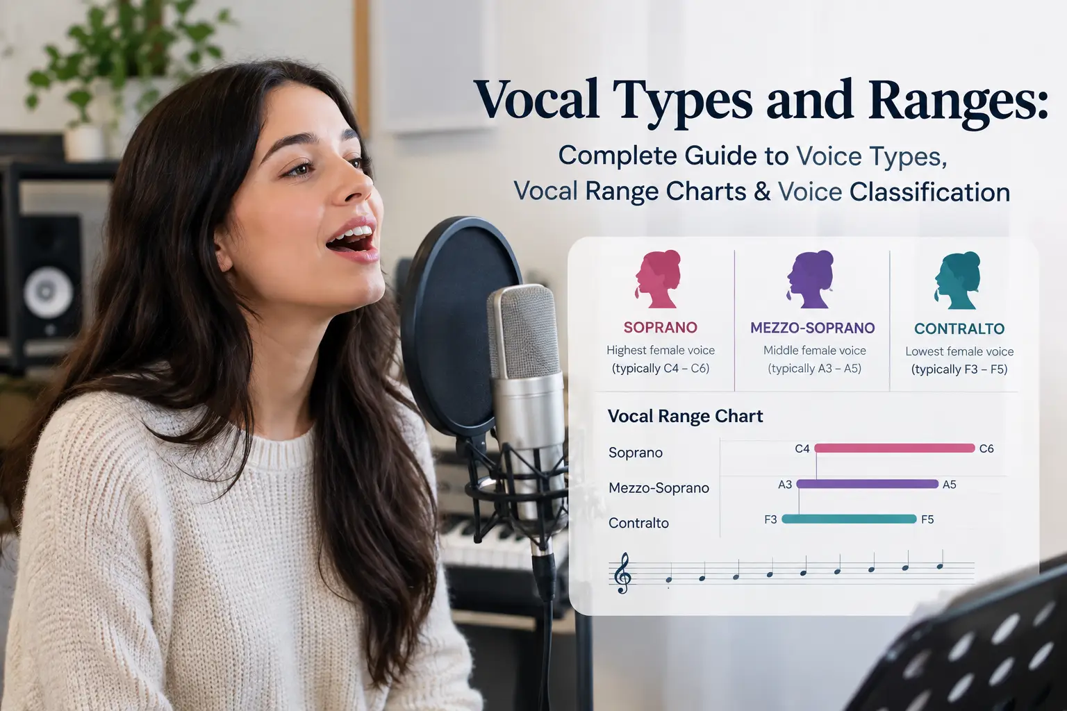 Singer with microphone and female vocal range chart